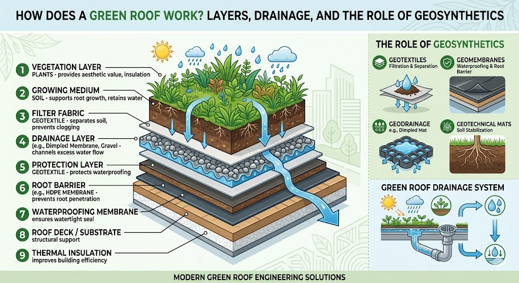How Does a Green Roof Work? Layers, Drainage and the Role of Geosynthetics